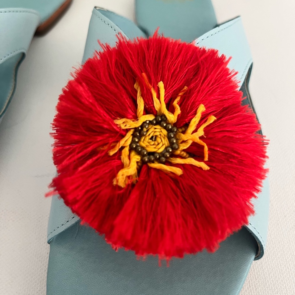 Frances Valentine Meredith Light Blue Nappa Leather Sandal With Flower Fringe - Picture 2 of 9